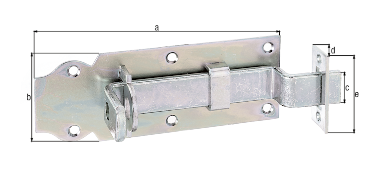 Alberts® Schlossriegel, flacher Griff, gekröpft, m. Schließblech, galvanisch verzinkt dickschichtpassiviert, Platte LxB140x52mm 117047
