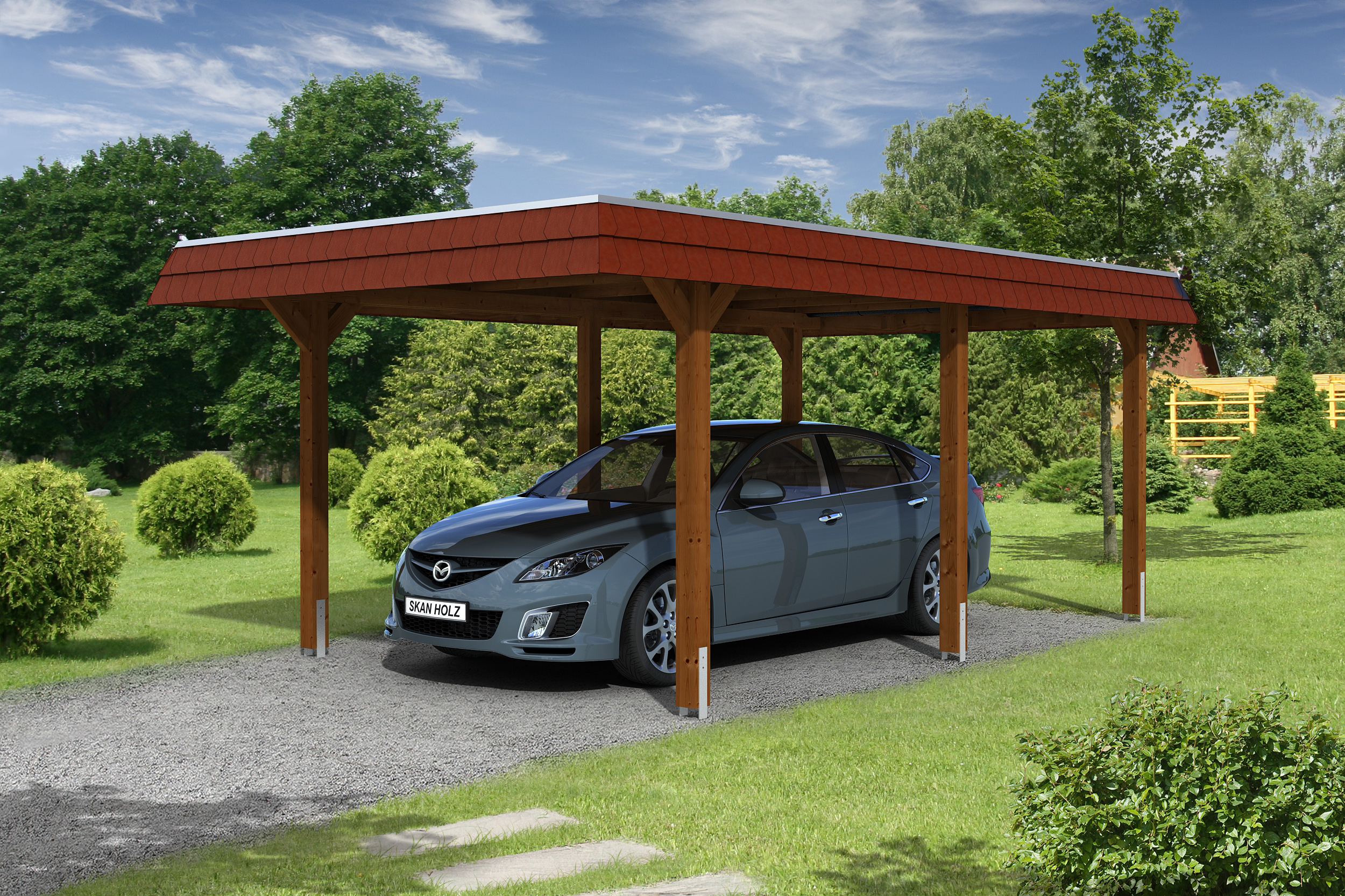 Carport Wendland 362x628 rote Blende, nussbaum, 20mm Dachschalung mit EPDM Folie Holzcarport