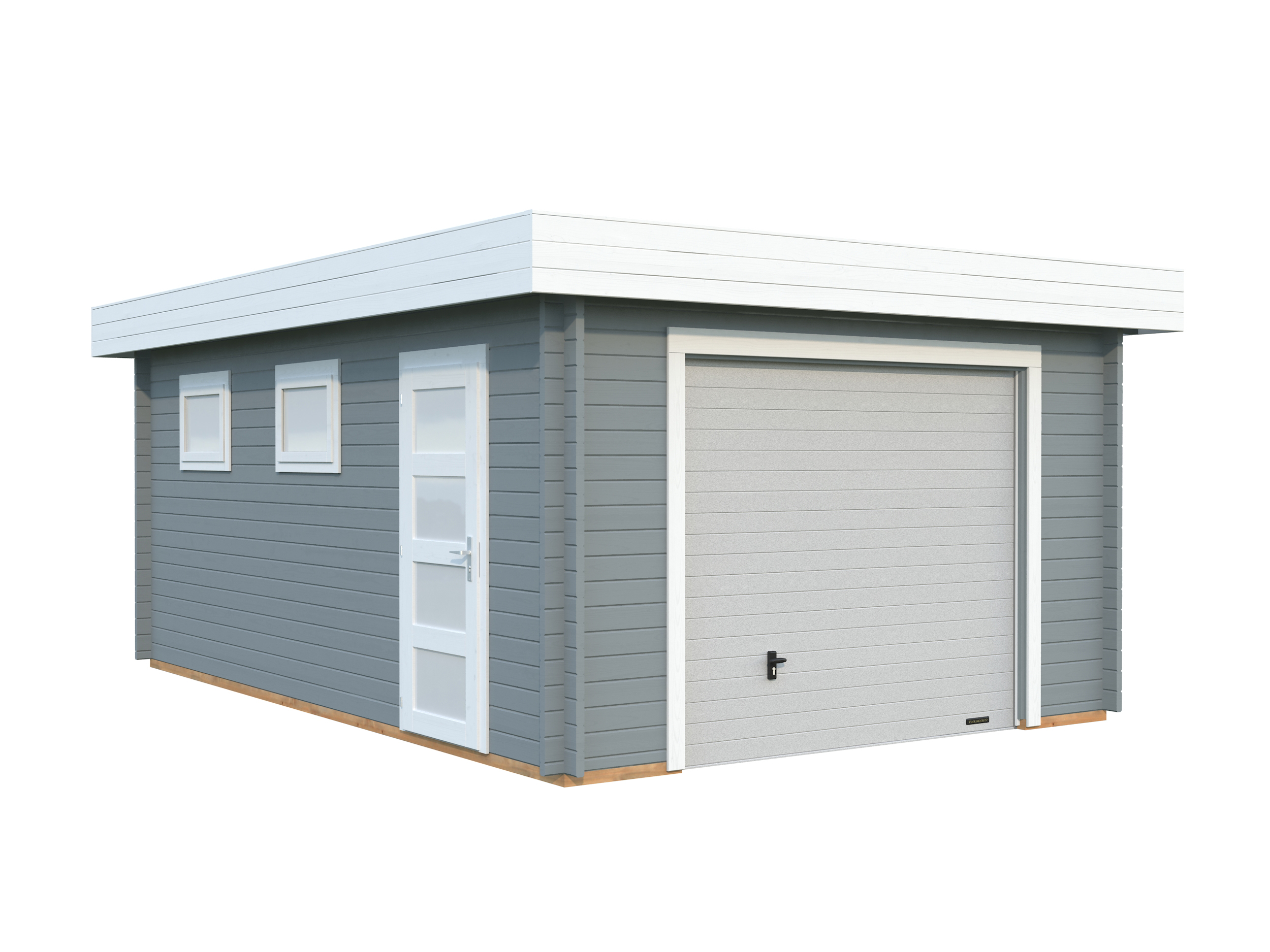 Palmako Garage Rasmus 19,0 m² - 44 mm - mit Sektionaltor hellgrau/weiß lackiert