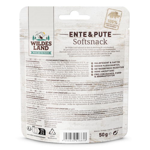 WILDES LAND Katze 50g Softsnack Ente und Pute
