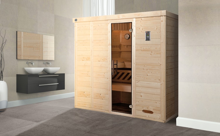 Weka Premium Massivholz-Elementsauna Kemi 5 mit Glastür - 45 mm
