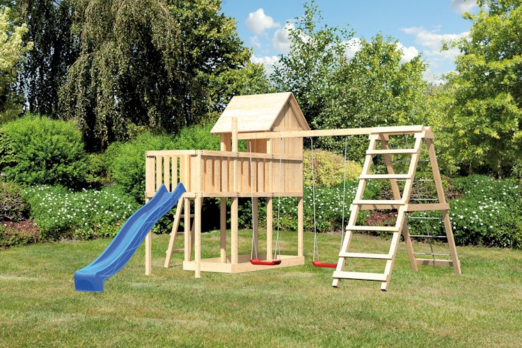 Akubi Stelzenhaus Frieda mit Wellenrutsche, Doppelschaukelanbau, Klettergerüst und Anbauplattform