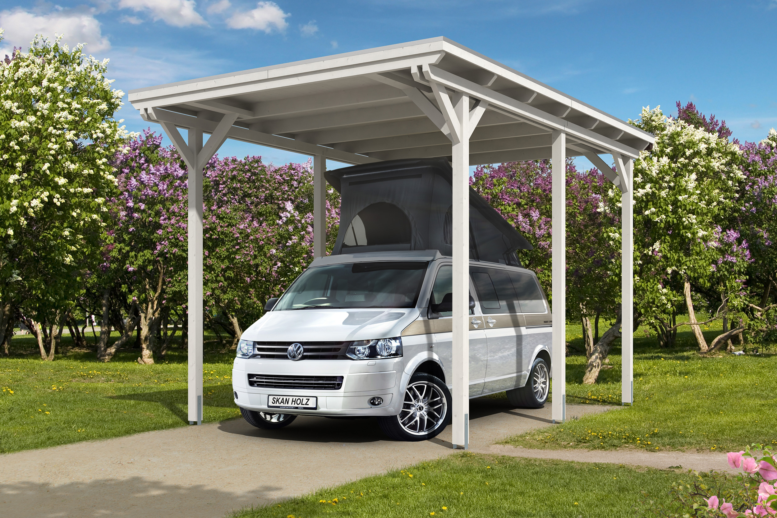 Skan Holz Caravan-Carport Emsland 404x604 cm mit erhöhter Einfahrt-weiß Holzcarport