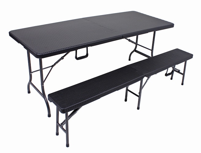 Garden Pleasure Gartenmöbel Set VENTANA, Klapptisch 180 x 74 cm + 2 Klappbänke, Stahl Dunkelgrau / Kunststoff Schwarz