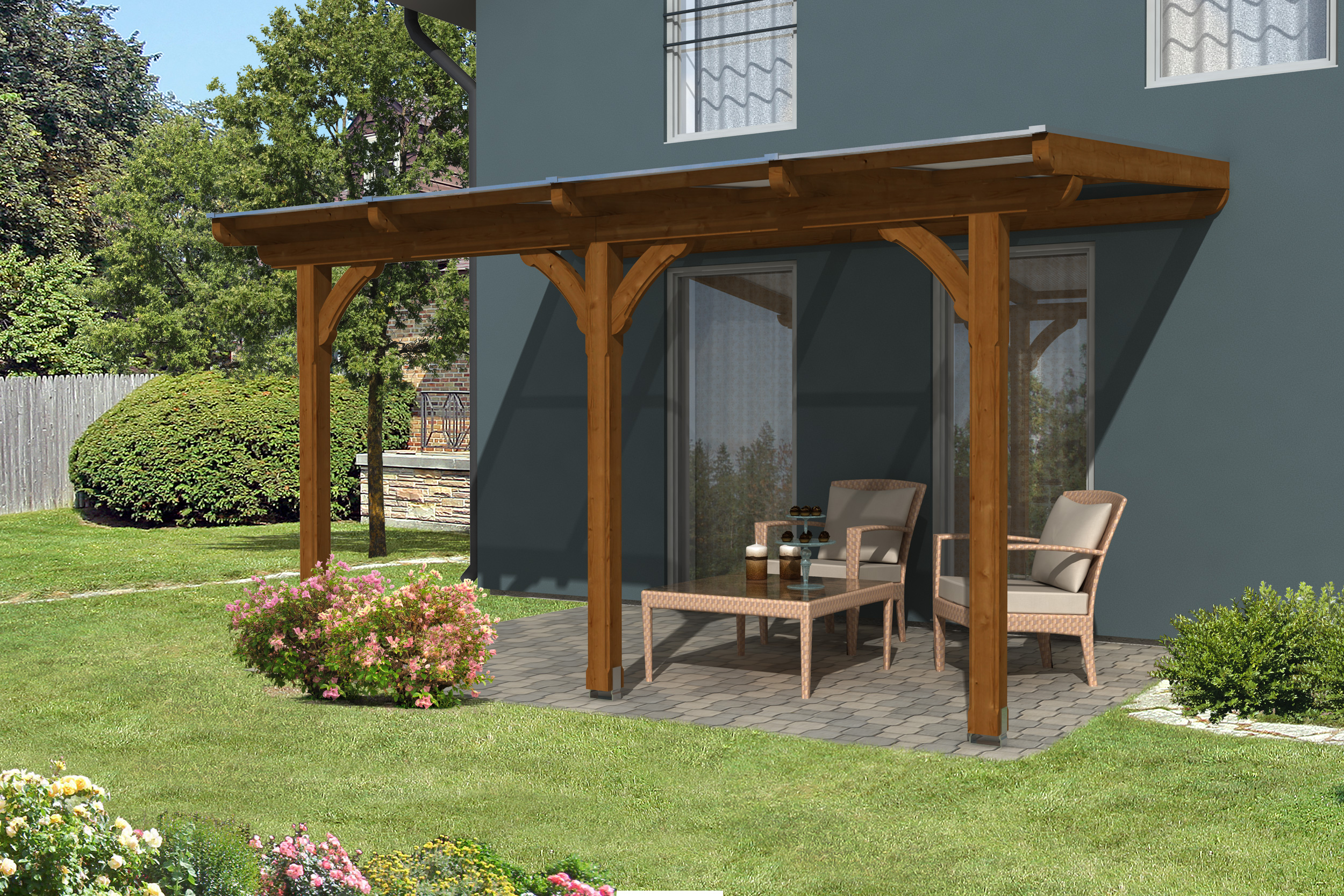 Skan Holz Terrassenüberdachung Rimini 434x300 nussbau maus Douglasie