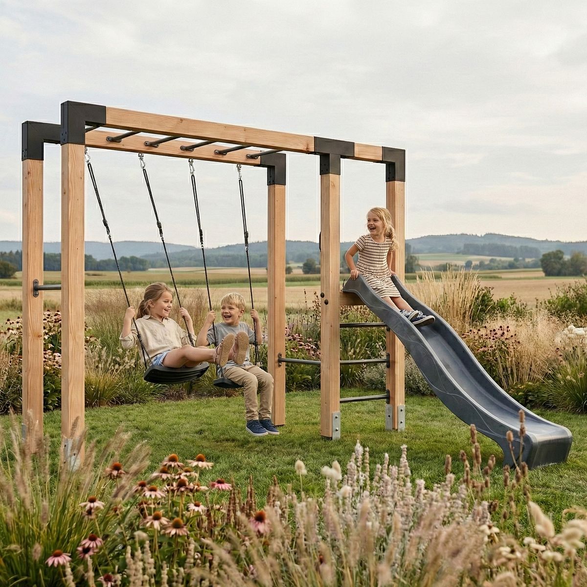 EXIT Holz-Monkeybar Linea Robust 110 mit Doppelschaukel, Rutsche und Reckstange