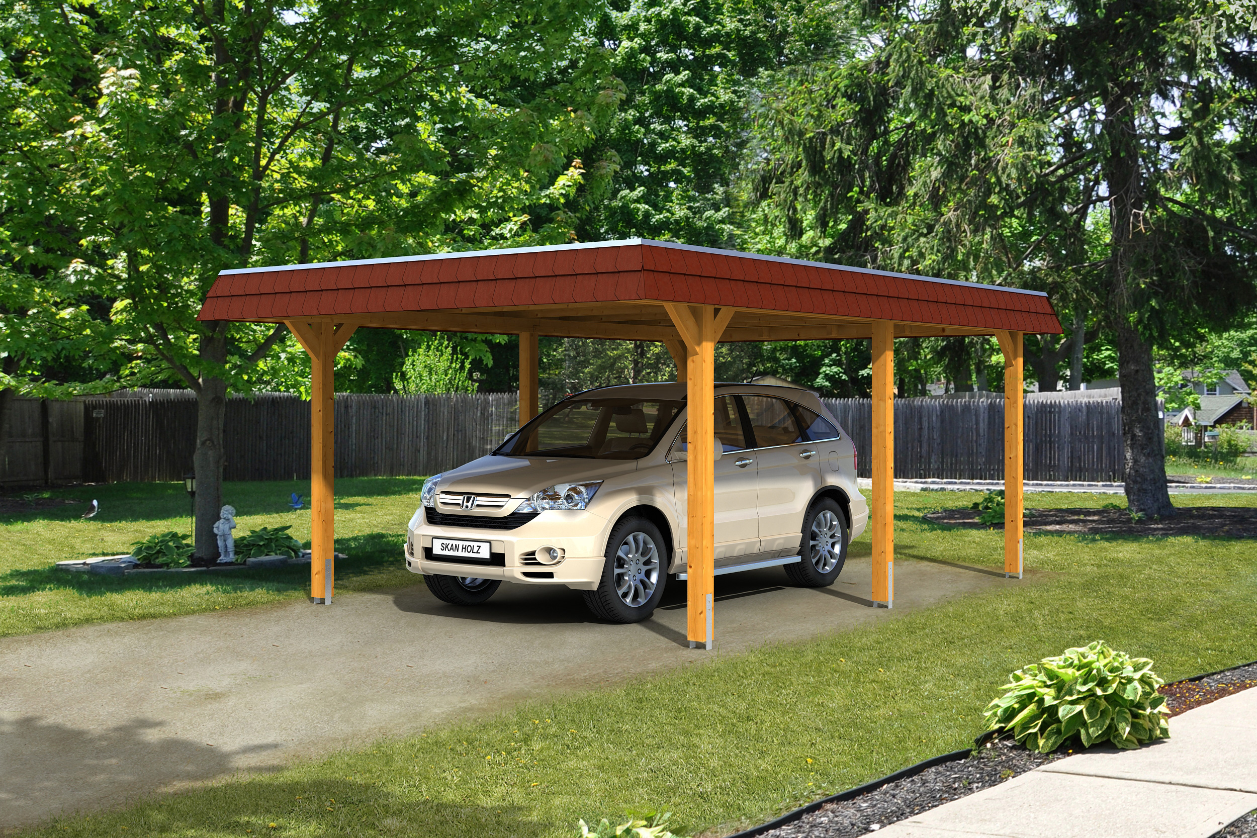 Skan Holz Walmdach Carport 409cm rote Blende Gr 1 eiche hell Holzcarport