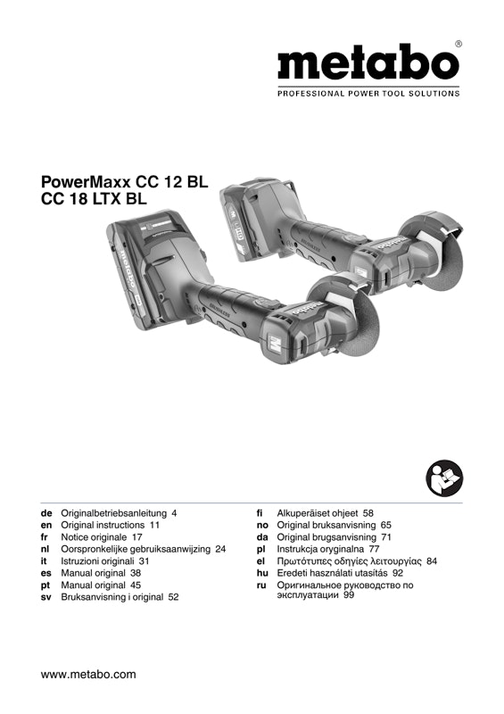 Bedienungsanleitung fÃ¼r Metabo Akku-Winkelschleifer PowerMaxx CC 12 BL