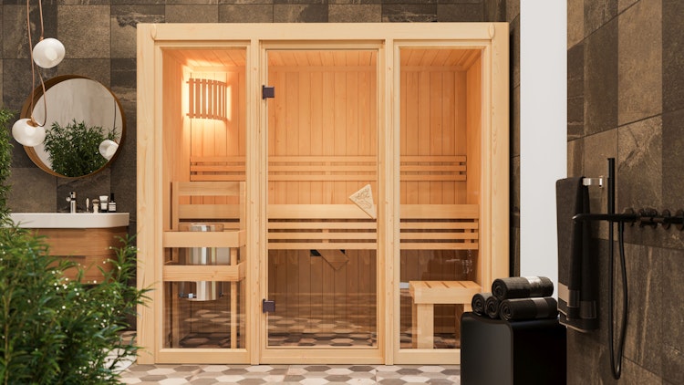 Karibu Sauna Avari 2 Superior mit Fronteinstieg 68 mm - 230 Volt Plug & Play inkl. gratis Sauna-Zubehörset im Wert von 234,94 €