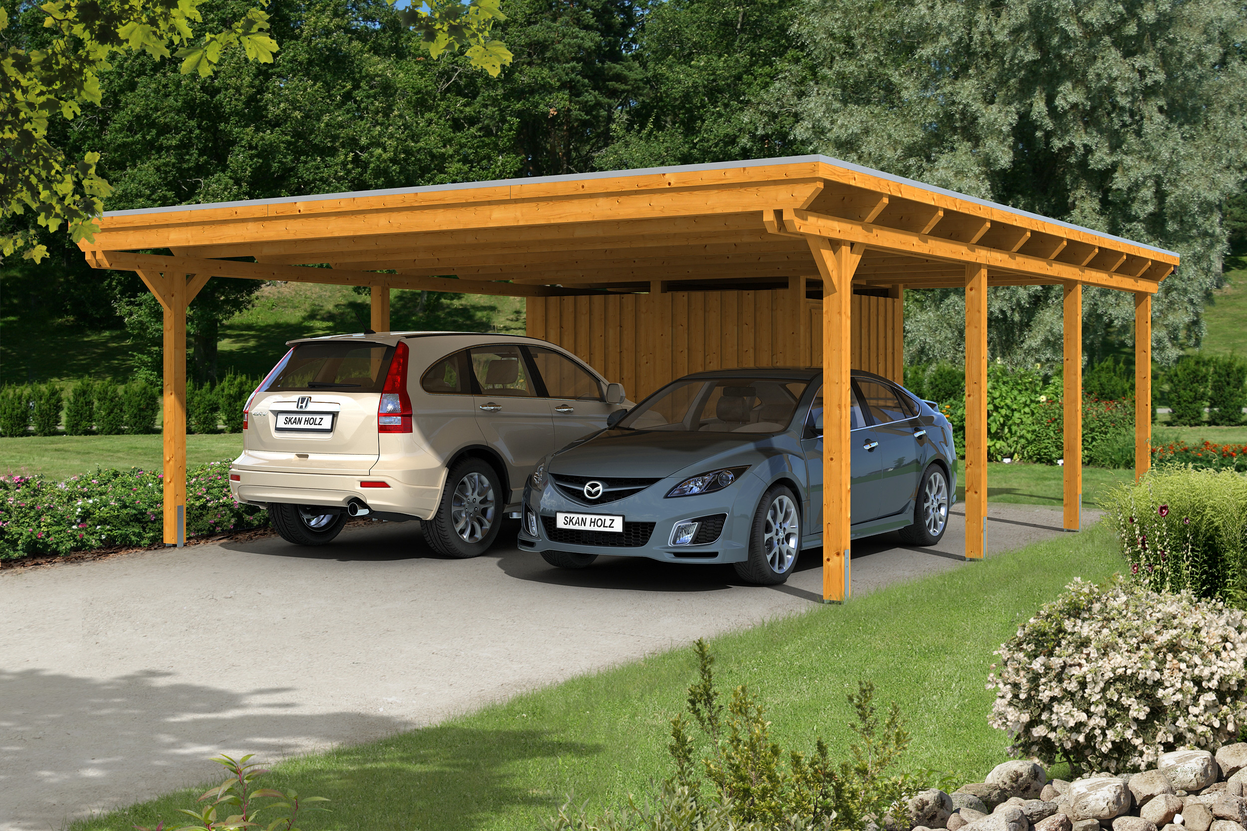 Skan Holz Emsland Flachdach Carport-613x846cm-eiche hell Holzcarport
