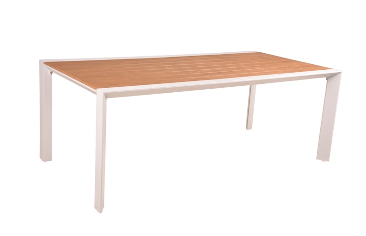 Garden Pleasure Gartenmöbel Set VENICE 01, Tisch 200 x 100 + 4 Stapelssessel, Alu Weiß / Nonwood Teak-Optik / Kunststoffgewebe Hellgrau