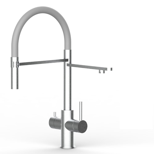 Kurzversion 47 cm - 5 Wege Wasserhahn Küchenarmatur, Edelstahl Massiv mit 360° schwenkbarem Auslauf, abnehmbare 2 strahl Handbrause, Gebürstet / Grau