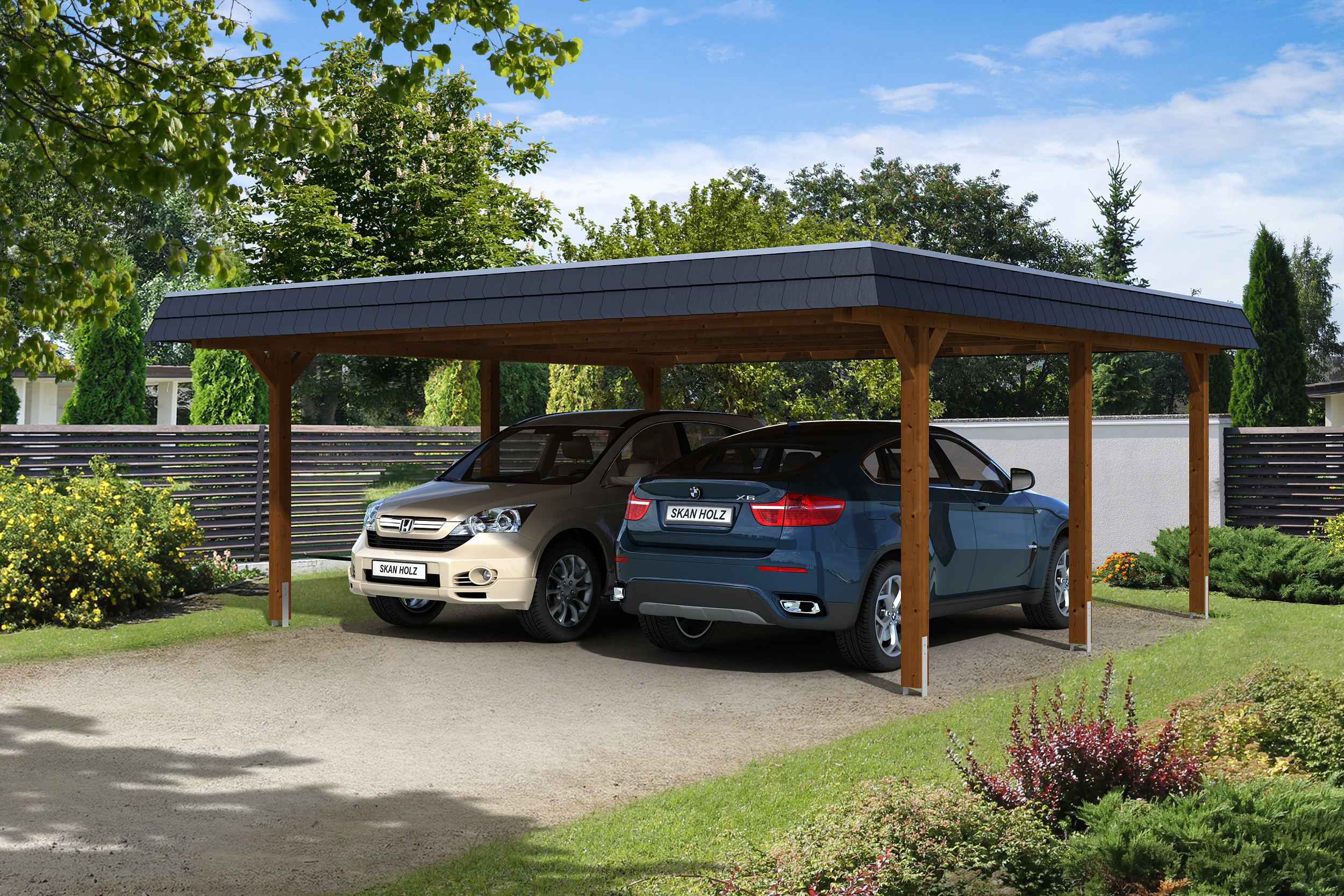 Carport Wendland 630x637 schwarze Blende, nussbaum, 20mm Dachschalung mit EPDM Folie Holzcarport