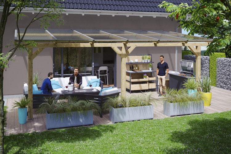 Skan Holz Terrassenüberdachung Bormio - Leimholz Aktionsangebot mit Dachplatten in bronze