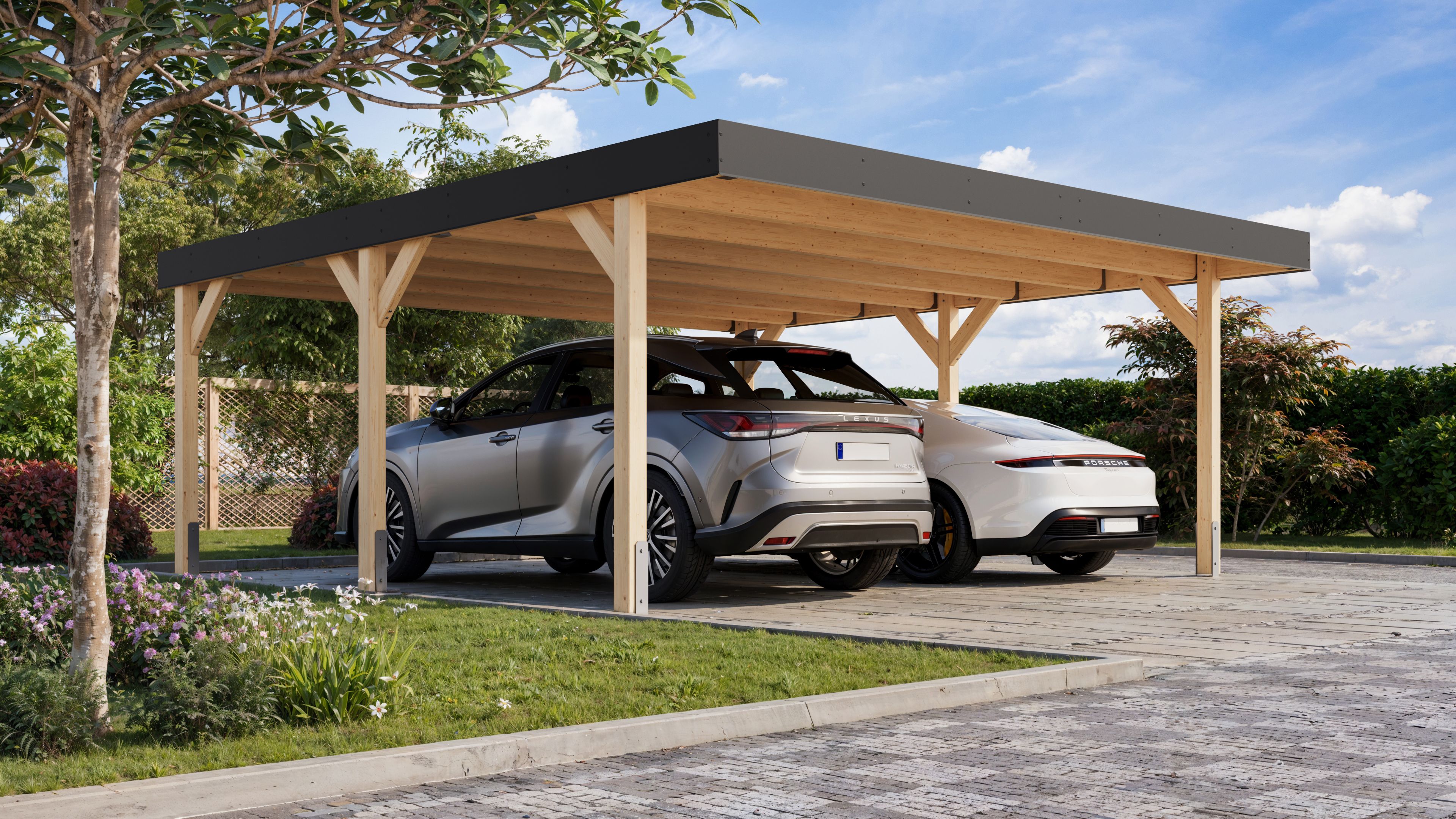 Karibu Carport Doppelcarport Leimholz 1/2 inkl. gratis H-Pfostenanker