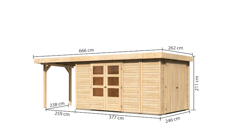 Karibu Woodfeeling Gartenhaus Retola 2/3/4/5/6 inkl. Anbauschrank u. 240 cm Schleppdach
