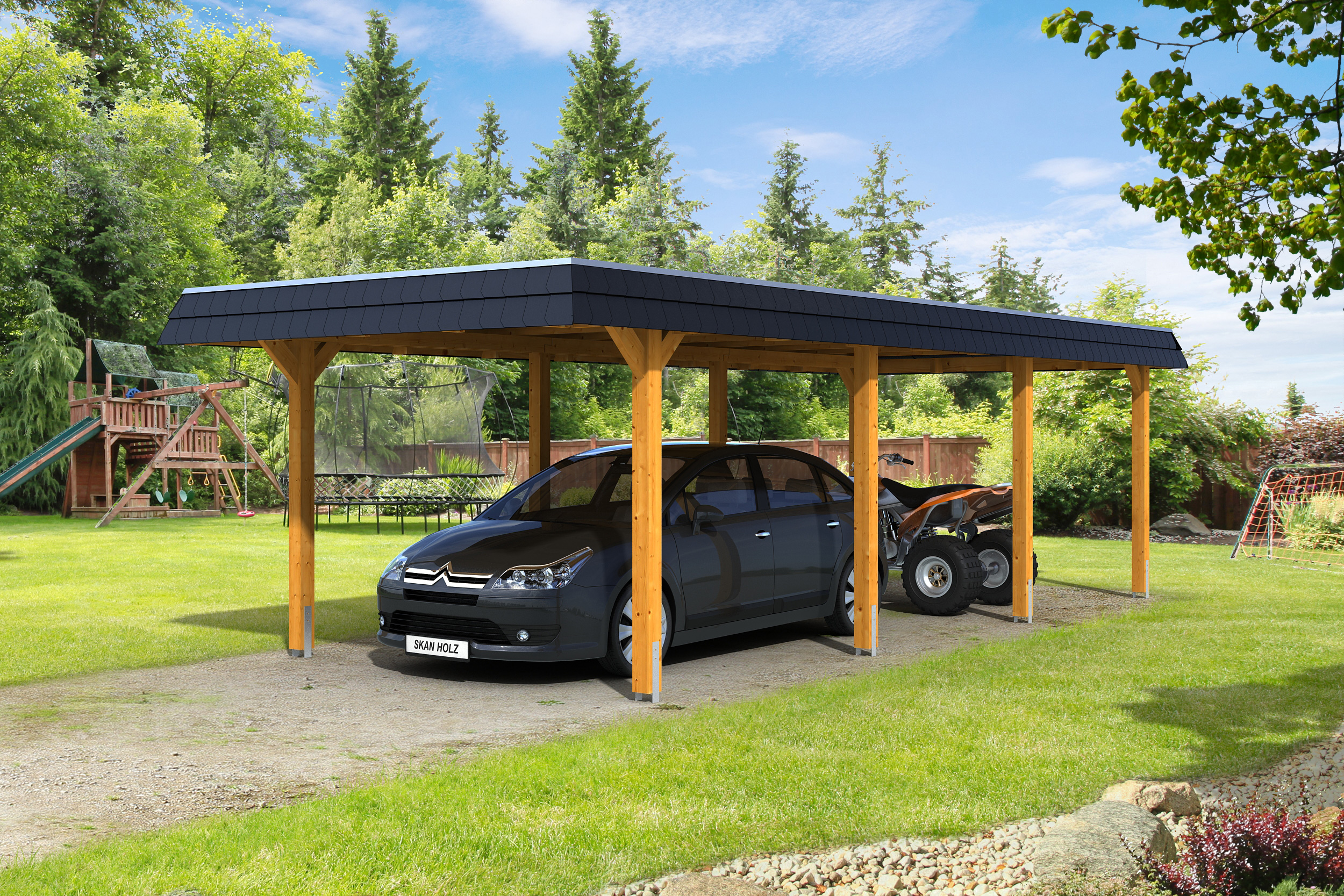 Skan Holz Walmdach Carport 362cm Gr. 2 eiche hell Holzcarport