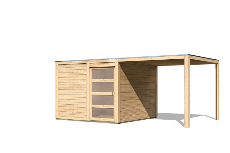 Karibu Gartenhaus Qubic 2 mit Schiebetür und 270 cm Anbaudach - 19 mm
