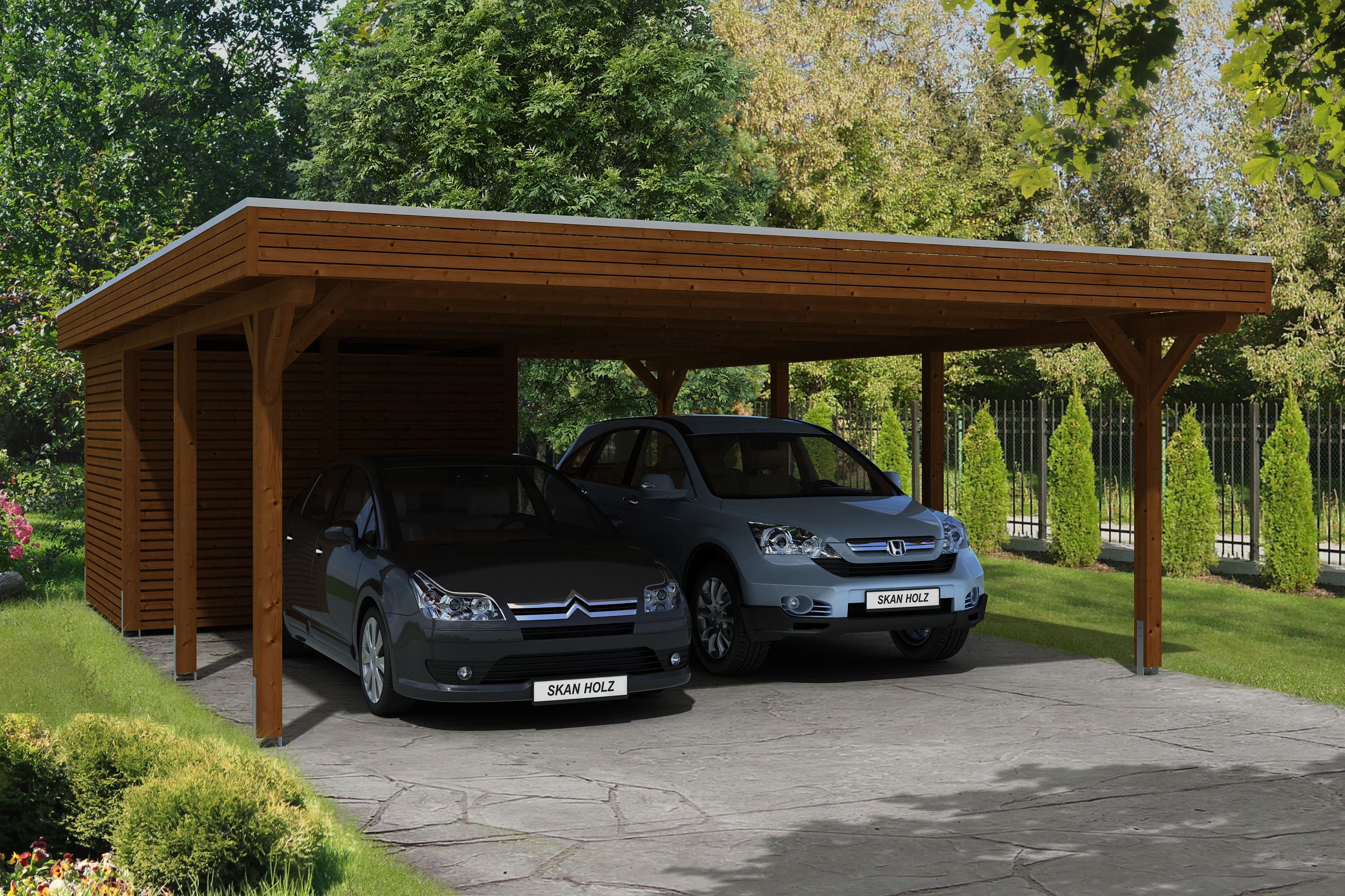 Skan Holz Spessart Doppelcarport mit Abstellraum Gr.2 611x846cm nussbaum Holzcarport