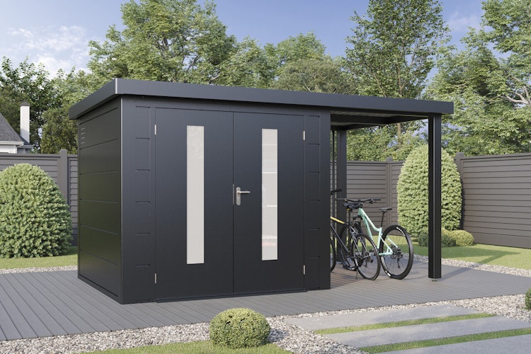 Wolff Finnhaus Premium Metall Gartenhaus Elvar 3924 Anthrazit inkl. 150 cm Anbaudach
