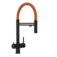 Kurzversion 45 cm - 3 Wege Wasserhahn Küchenarmatur, Edelstahl Massiv mit 360° schwenkbarem Auslauf und abnehmbare 2 strahl Handbrause, PVD Schwarz Matt / Orange