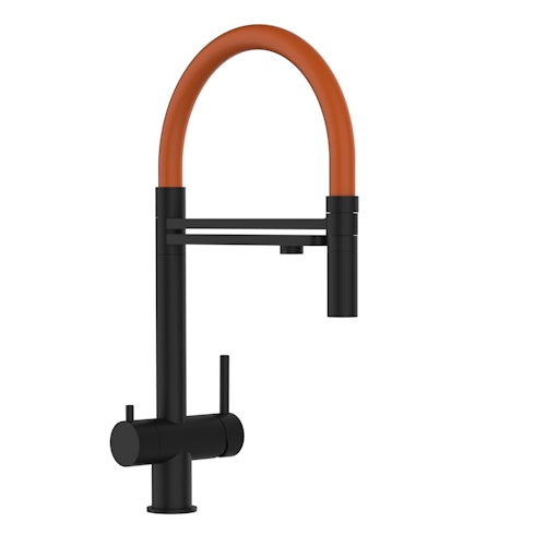 Kurzversion 45 cm - 3 Wege Wasserhahn Küchenarmatur, Edelstahl Massiv mit 360° schwenkbarem Auslauf und abnehmbare 2 strahl Handbrause, PVD Schwarz Matt / Orange