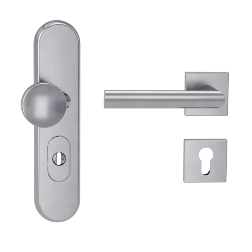 Griffwerk TITANO Kombi SB_882 ES1 (S2) -Edelstahl matt Kombi-Schutzbeschlag -Knopf/Drücker -mit Griff OVIDA QUATTRO Klippt. -EM -L -ZA, 72mm -TS 38-50