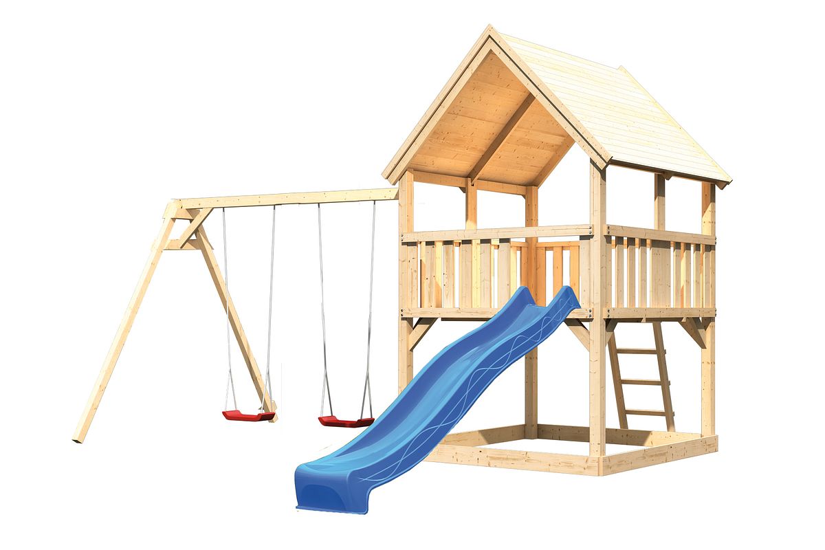 Akubi Kinderspielturm Luis inkl. Wellenrutsche und Doppelschaukelanbau (Set B)-blau