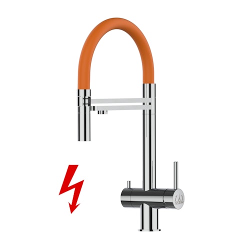 Kurzversion 45CM - NIEDERDRUCK 3 Wege Wasserhahn Küchenarmatur, Edelstahl Massiv mit 360° schwenkbarem Auslauf, abnehmbare 2 strahl Handbrause, Hochglanz / Orange
