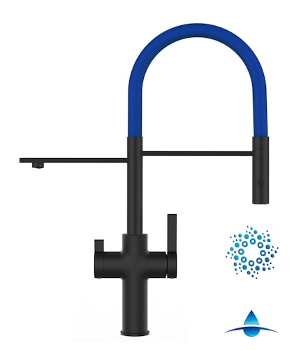 4 Wege Wasserhahn Küchenarmatur, FC, mit 360° schwenkbarem Auslauf, abnehmbare 2 strahl Handbrause, Schwarz Matt / Blau