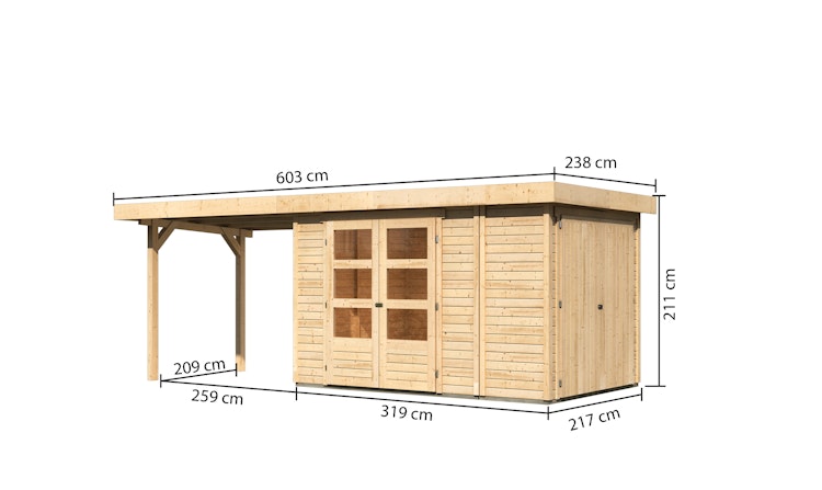 Karibu Woodfeeling Gartenhaus Retola 2/3/4/5/6 inkl. Anbauschrank u. 280 cm Schleppdach