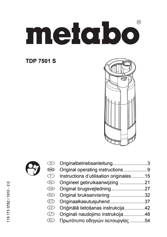 Bedienungsanleitung fÃ¼r Metabo Tauchdruckpumpe TDP 7501 S