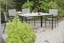 Vorschaubild Garden Pleasure Gartenmöbel Set OLIVIA, Tisch 150 x 90 + 4 Stapelsessel, Aluminium Eisengrau/ Nonwood Hellgrau