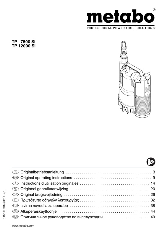 Bedienungsanleitung fÃ¼r Metabo Flachsaugende Klarwasser-Tauchpumpe TP 7500 SI