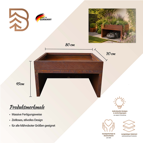 Badeko Mährobotergarage in Edelrostoptik mit Pflanzwanne H 45cm, B 80cm, T 70cm
