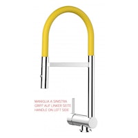 Wasserhahn Vorfenster Küchenarmatur, Umklappbar 6 CM, LINKER HEBEL, mit 360° schwenkbarem Auslauf abnehmbare 2 strahl Handbrause, Verchromt / Gelb