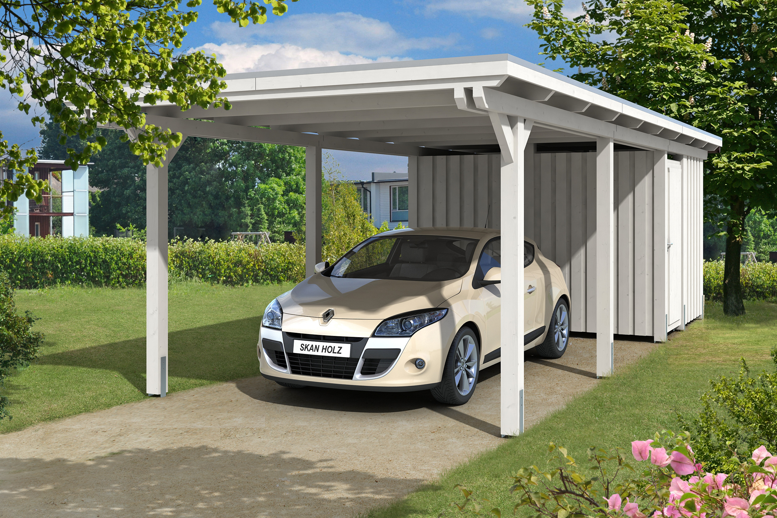 Skan Holz Emsland Flachdach Carport-354x846cm-weiß Holzcarport