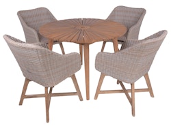 Garden Pleasure Gartenmöbel Set FREMONT / OAKLAND, Tisch Ø 110 + 4 Sessel, Akazie / Polyrattan Zimtbraun / Kissen 100 % Polyester Taupe