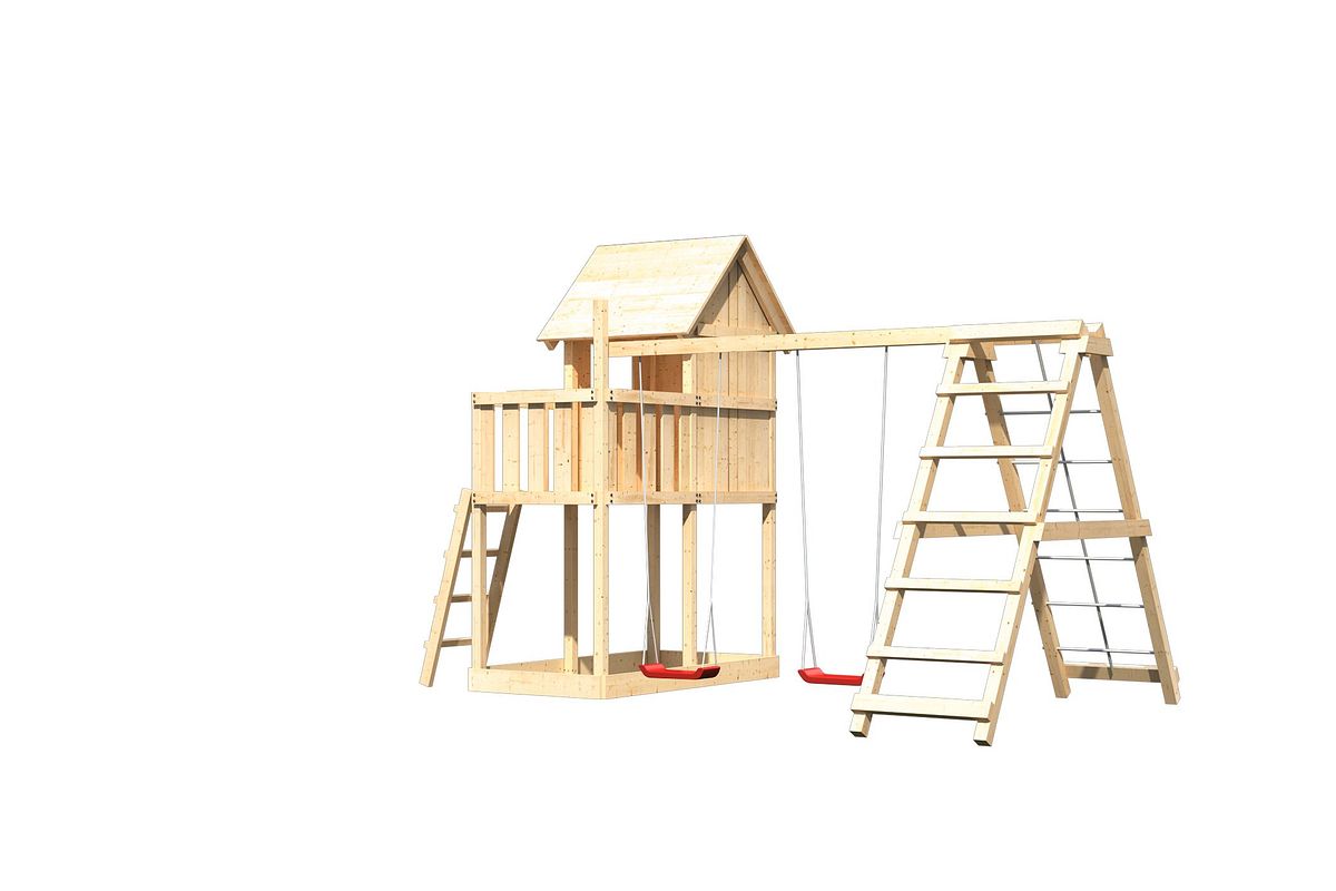 Akubi Stelzenhaus Frieda mit Doppelschaukelanbau und Klettergerüst naturbelassen