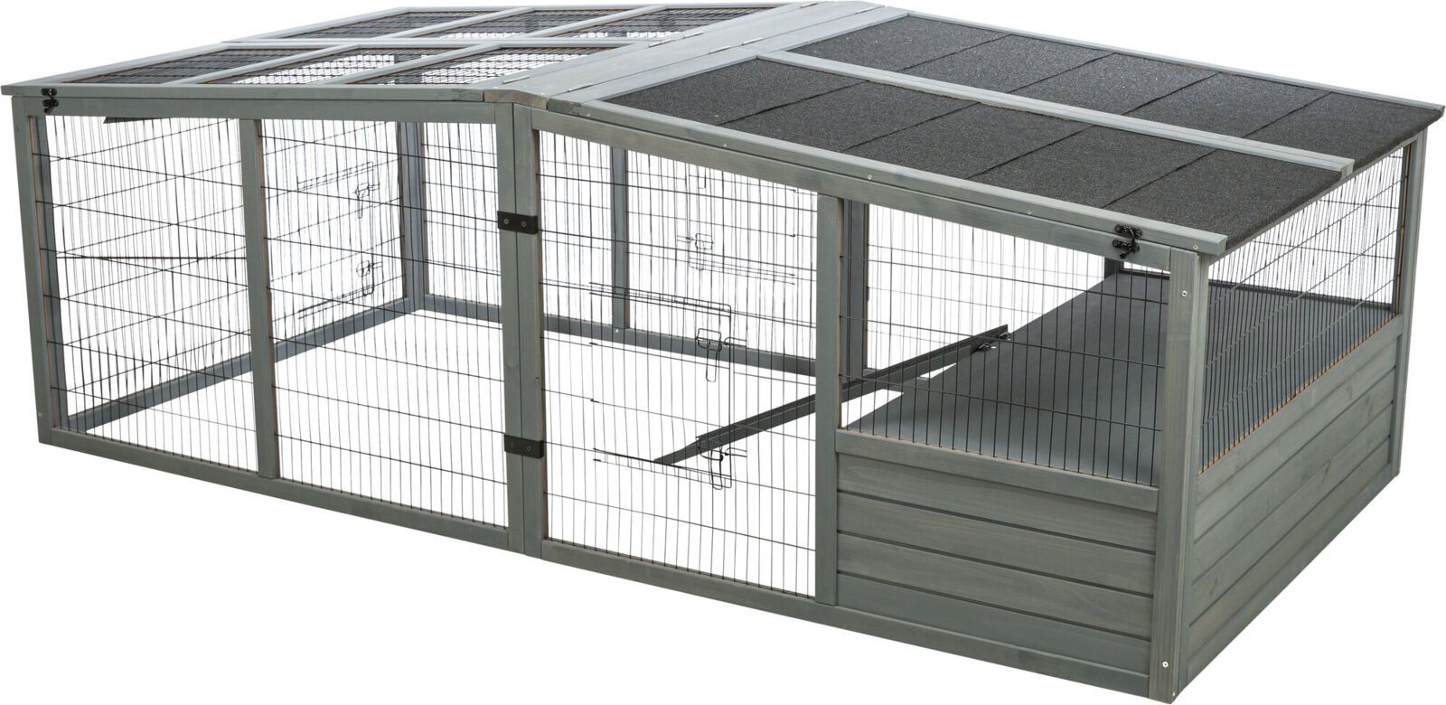 Freilaufgehege XL mit Abdeckung, Holz, 233 × 79 × 116 cm, grau