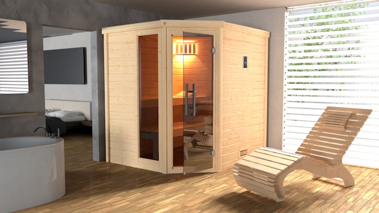 Weka Premium Massivholzsauna Turku 1 Sparset 1 inkl. 7,5 kW Ofen und Leuchtenset - 45 mm - "Alles dabei"