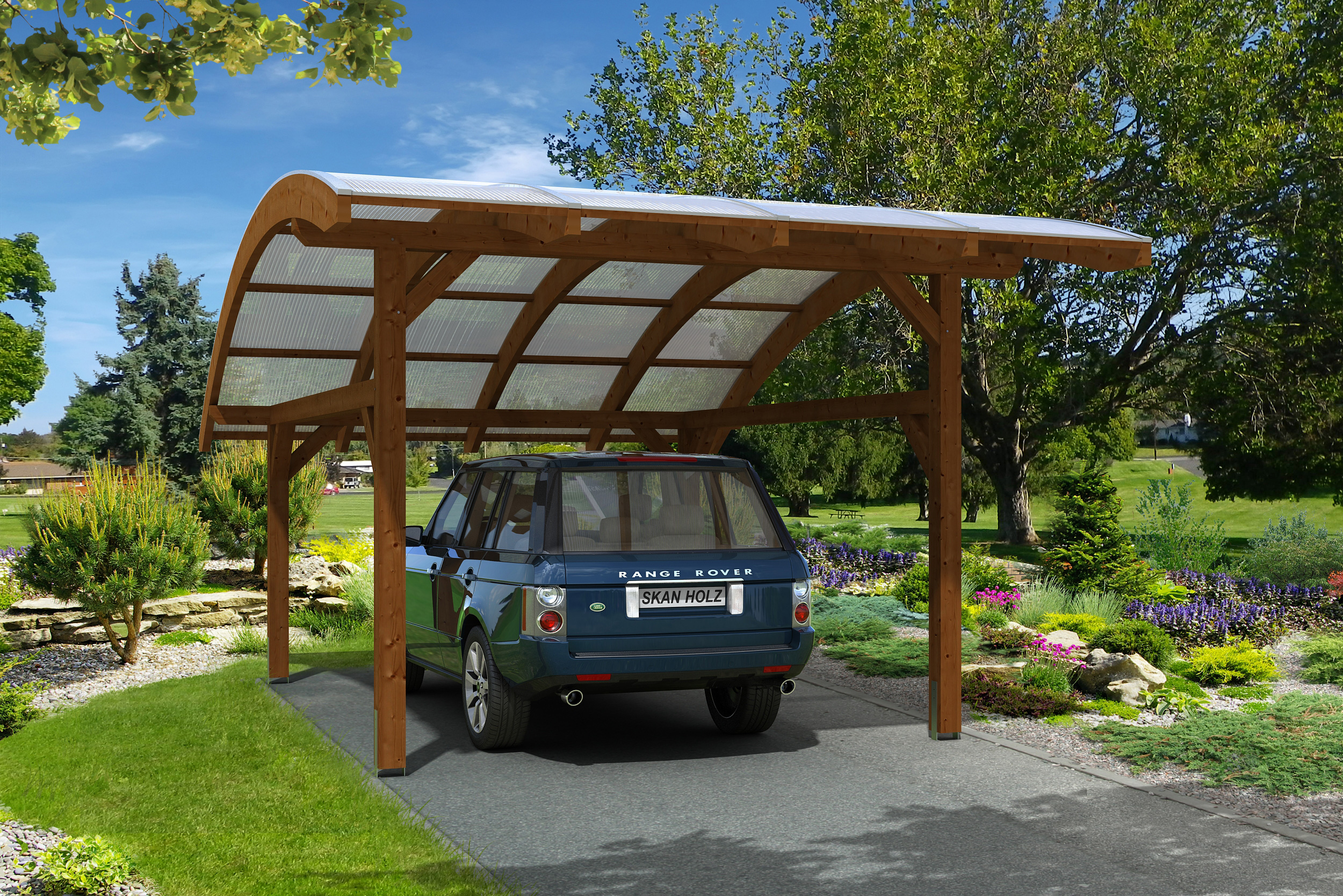 Skan Holz Schwaben Einzelcarport aus Leimholz 434x630cm nussbaum Holzcarport
