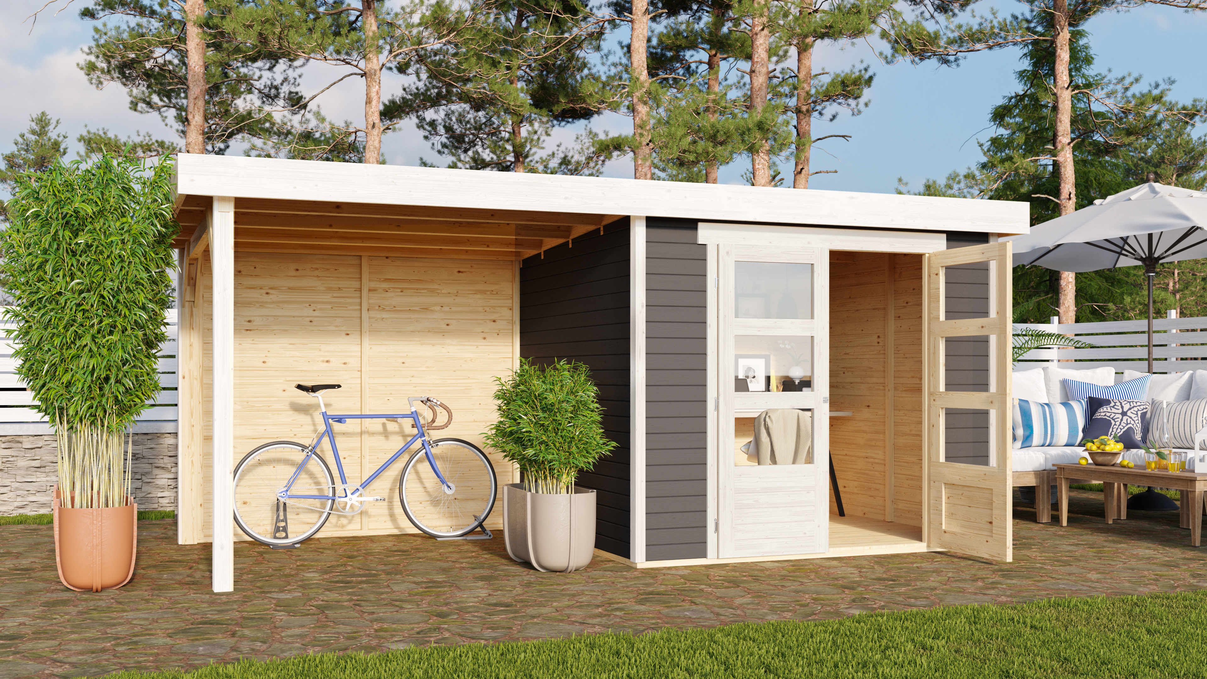 Karibu Woodfeeling Gartenhaus Askola 2/3/3,5/4/5/6 mit 240 cm Schleppdach + Rückwand inkl. gratis LED-Strahler/Solarpaneel