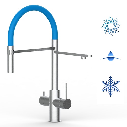 Kurzversion 47 cm - 5 Wege Wasserhahn Küchenarmatur, Edelstahl Massiv mit 360° schwenkbarem Auslauf, abnehmbare 2 strahl Handbrause, Gebürstet / Hellblau