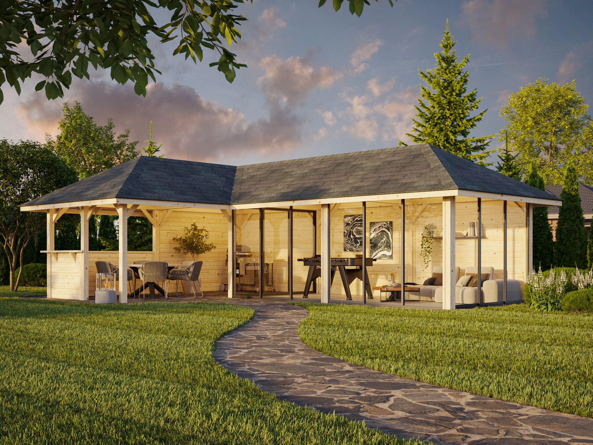 Palmako Pavillon Bianca 33,2 m² Set 521 Slide Plus mit Isolierglas-Schiebetüren