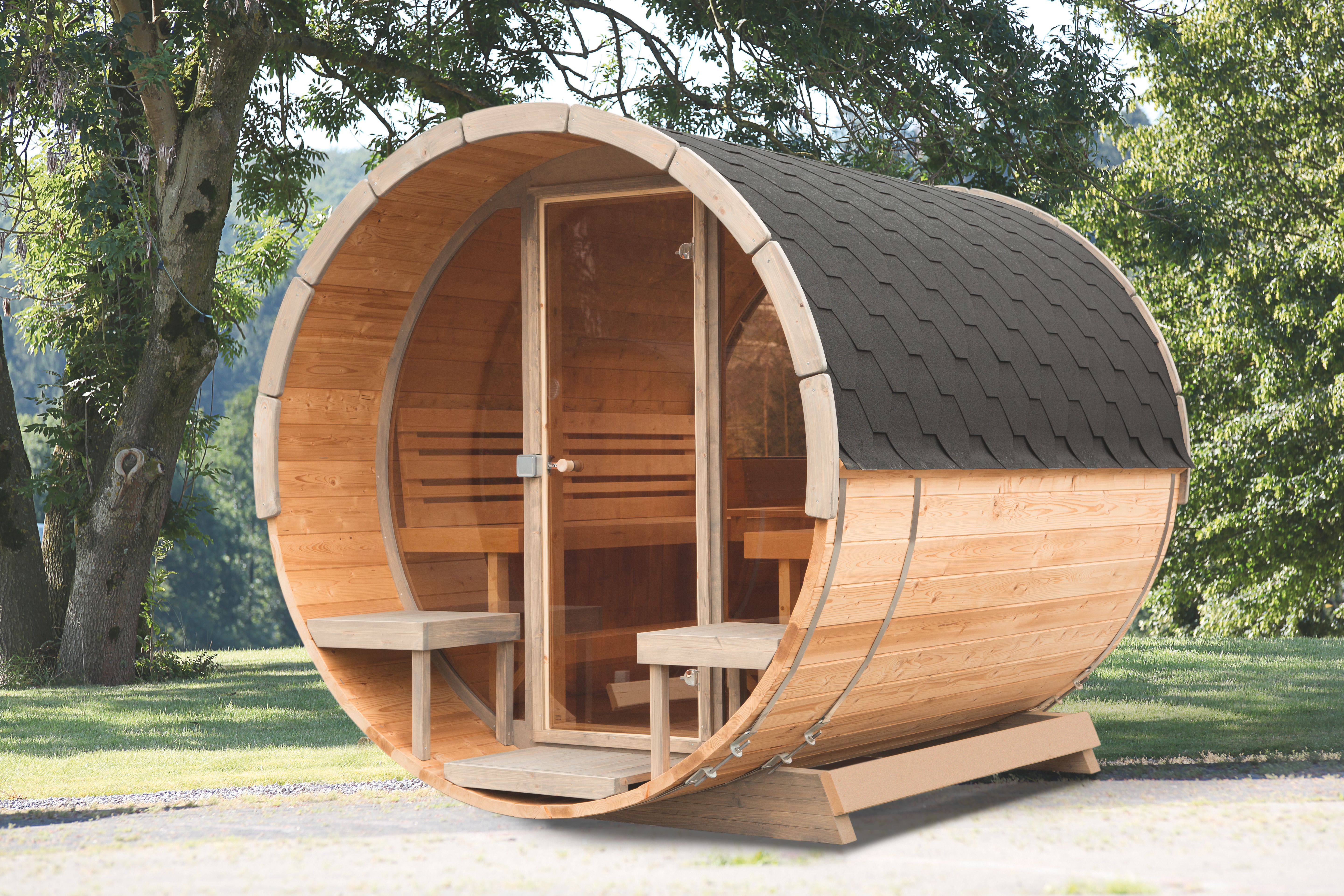 Wolff Finnhaus Vollglasfront statt Standardfront für Saunafass basic + de luxe Ø 205 cm