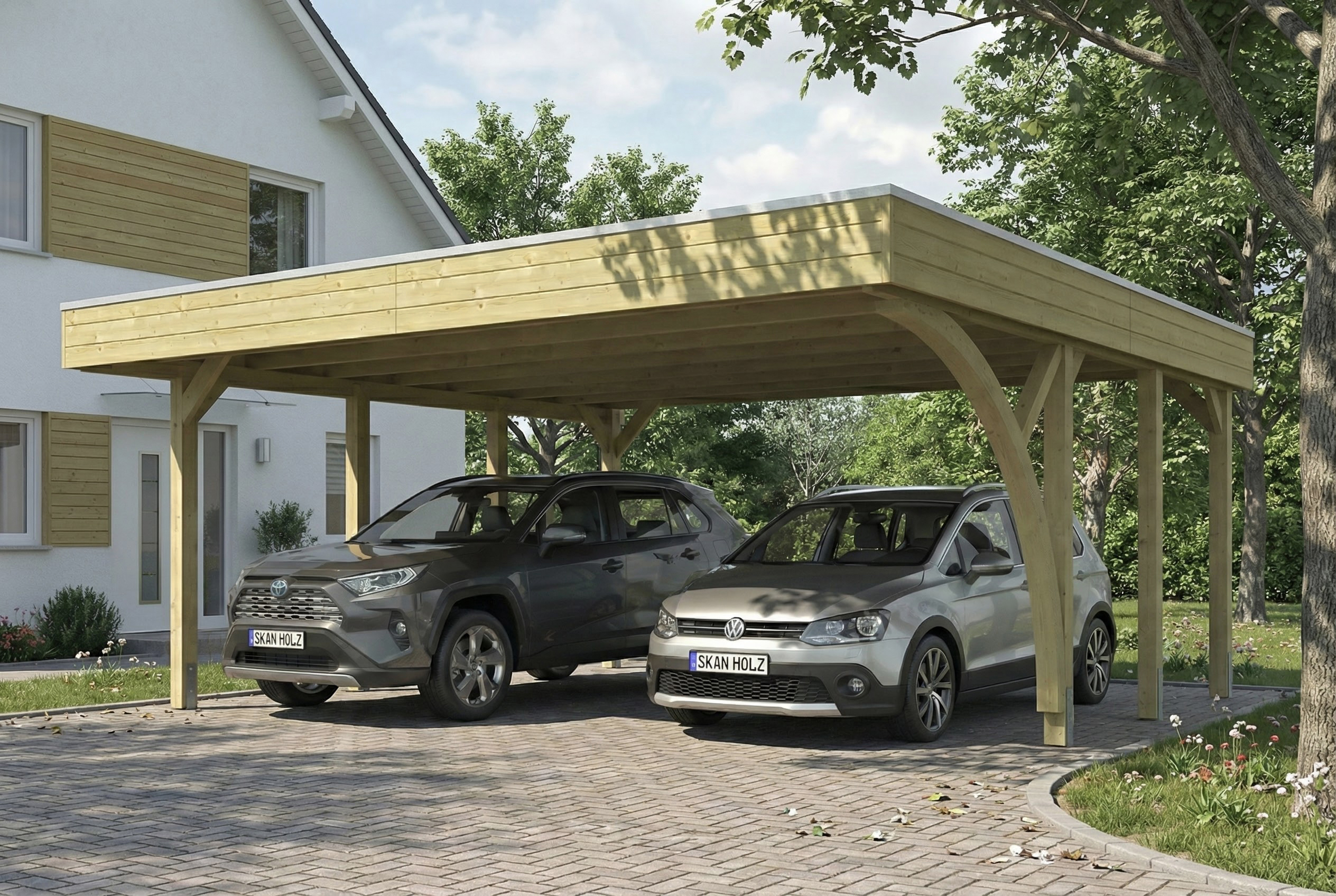 Skan Holz Doppelcarport Friesland 546x555 cm - 2 Einfahrtsbögen Set H