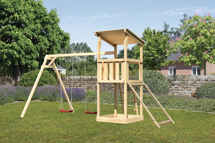 Akubi Kinderspielturm Anna mit Pultdach inkl. Doppelschaukel und Netzrampe