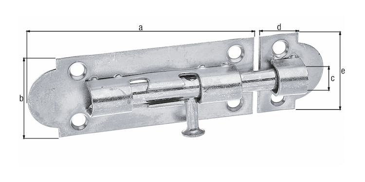 Alberts® Grendelriegel, m. Knopf, o. Feder, m. Schlaufe, galvanisch verzinkt dickschichtpassiviert, LxB75x28mm 124076