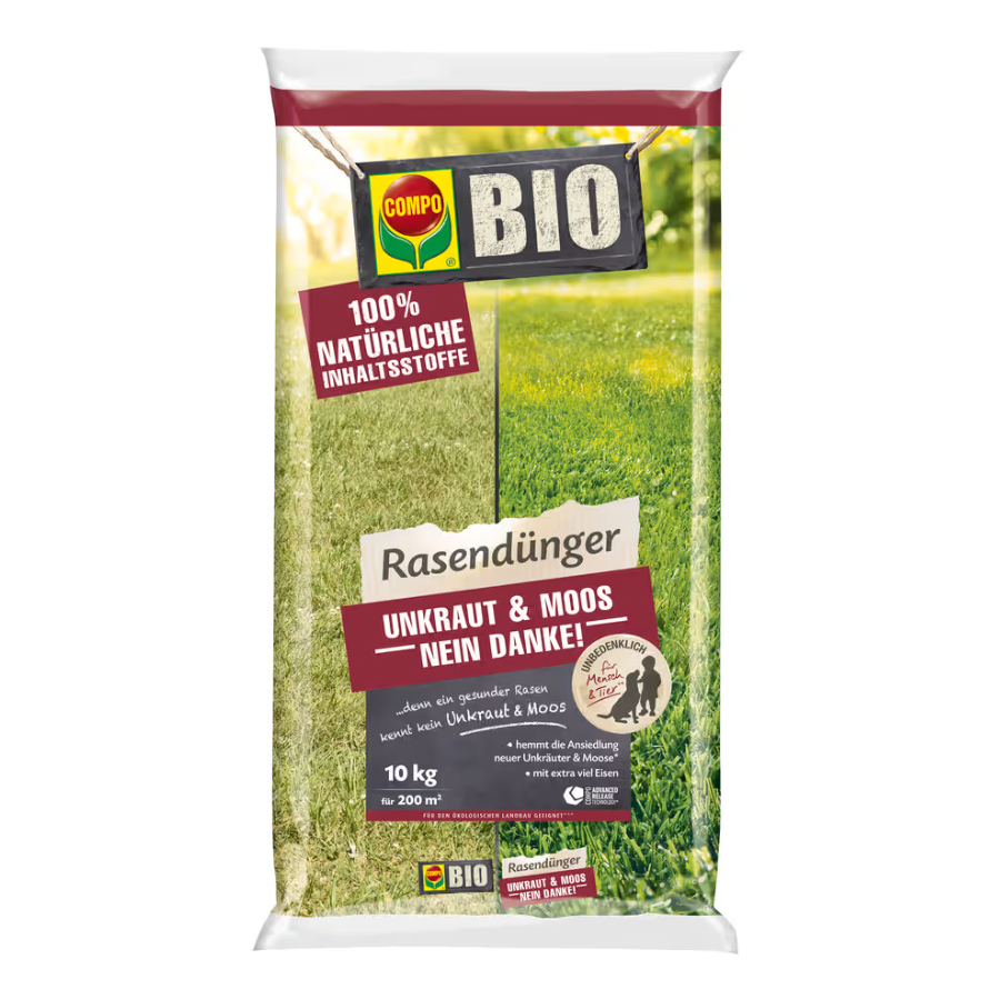 COMPO BIO Rasendünger Unkraut & Moos Nein Danke! 10 kg für 200 m²